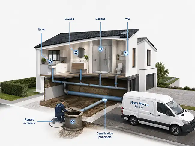 Schéma des zones de débouchage de canalisation dans une habitation