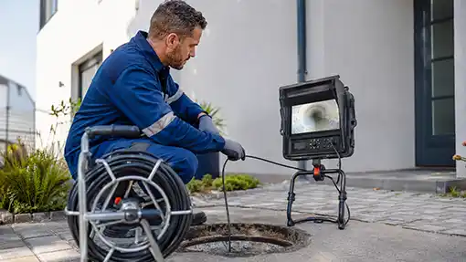 Technicien réalisant une inspection vidéo de canalisation avec caméra de diagnostic