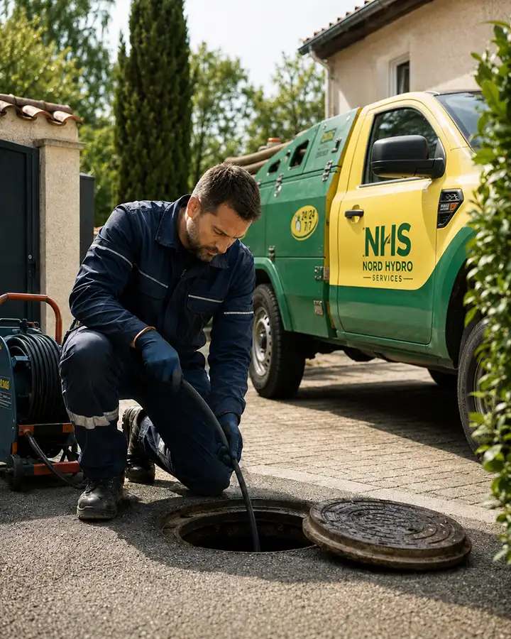 Technicien Nord Hydro Services réalisant un débouchage de canalisation